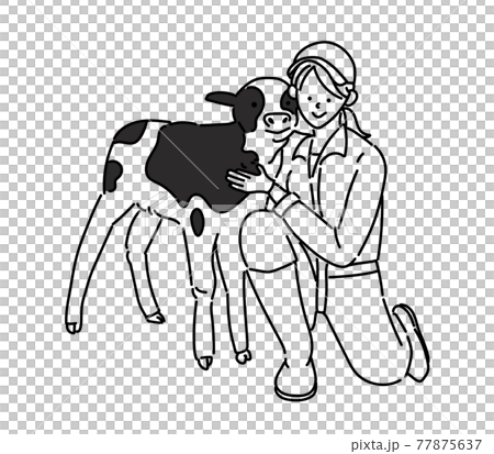 農業女子　酪農女子　酪農　女性　イラスト　牛乳　白黒　モノクロ 77875637