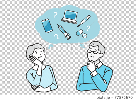Vector illustration material / icon / pictogram of seniors who are uneasy about vaccine prevention Vector illustration material / icon / pictogram of seniors who are uneasy about vaccine prevention 77875670