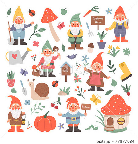 Garden gnomes. Cartoon fairy tale creatures with flowers and mushrooms. Isolated fictional characters set and floral decorative elements. Vector dwarfs holding agricultural instruments 77877634
