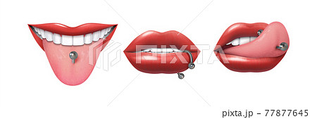Mouth with piercing. Realistic pierced lips and tongue. 3D metal body jewelry. Isolated face parts set. Bijouterie barbell, cones and balls. Beauty accessories. Vector woman's smile 77877645