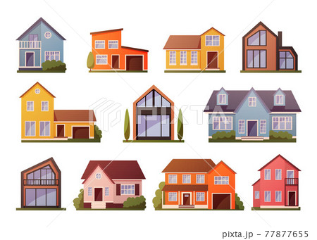 Modern houses. Cartoon townhouse architecture. Residential buildings facades set. Front view of cottages exterior contemporary design with garages and porches. Vector cityscape kit 77877655