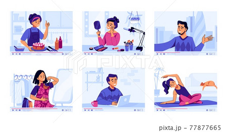 Video channel. Cartoon vlog. Cooking and travel blogs. Internet content about fashion or beauty. Multimedia player. Education courses set. Vector vloggers record reviews and tutorials Video channel. Cartoon vlog. Cooking and travel blogs. Internet content about fashion or beauty. Multimedia player. Education courses set. Vector vloggers record reviews and tutorials 77877665