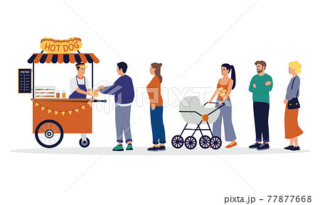 People queue. Street food cart with waiting in line customers. Men and women buy hot dogs at kiosk. Vendor sells snacks. Takeaway meal. Mobile cafe in park. Vector small family business 77877668