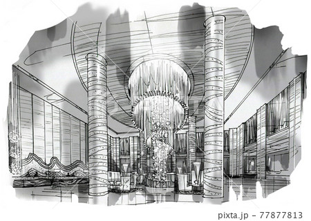 Ink drawing of hotel lobby  Architecture design Beach hotels Bespoke  interiors