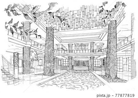 sketch perspective interior. hand drawn sketch pen with pencil black and white interior design. sketch perspective interior. hand drawn sketch pen with pencil black and white interior design. 77877819