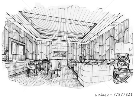sketch perspective interior. hand drawn sketch pen with pencil black and white interior design. sketch perspective interior. hand drawn sketch pen with pencil black and white interior design. 77877821