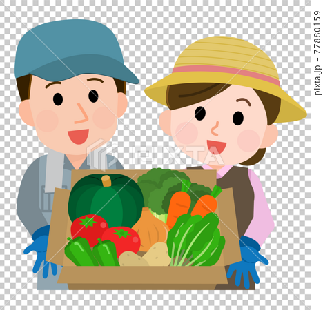 箱詰めした野菜を紹介する野菜農家の夫婦1 イラストのイラスト素材