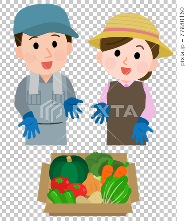 A couple of vegetable farmers introducing boxed vegetables 2 Illustration A couple of vegetable farmers introducing boxed vegetables 2 Illustration 77880160