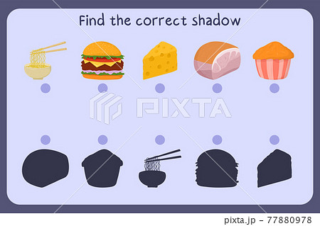 Matching children educational game with food - noodle, burger, cheese, ham, muffin. Find the correct shadow. 77880978