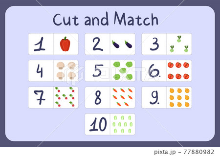 Flash cards with numbers for kids, set 3. Cut and match pictures with numbers and fruits. Illustration for educational math game design. Printable worksheet. Flash cards with numbers for kids, set 3. Cut and match pictures with numbers and fruits. Illustration for educational math game design. Printable worksheet. 77880982
