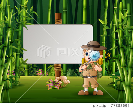 Cartoon the explorer boy standing near a blank sign illustration 77882692