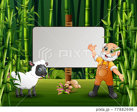 Cartoon old farmer and a sheep standing near the blank sign Cartoon old farmer and a sheep standing near the blank sign 77882696