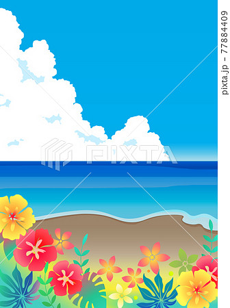 海と入道雲と南国植物 自然背景のイラスト素材