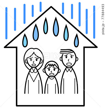 家の雨漏りに困る親子3人 家の雨漏りに困る親子3人 77884493