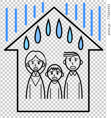 家の雨漏りに困る親子3人 家の雨漏りに困る親子3人 77884493
