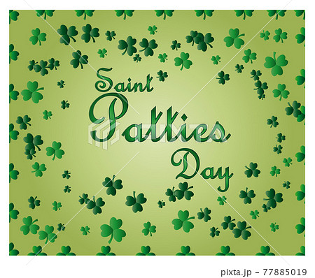 Saint Patrick's Day greeting card with sparkled green clover leaves and text. Inscription 77885019