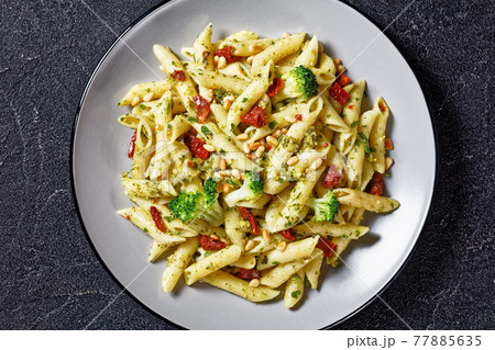 tasty Broccoli pesto pasta on a plate 77885635