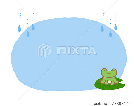 かわいいカエルと雨の背景 夏 梅雨 手書きイラスト素材のイラスト素材