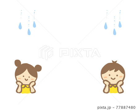 かわいい子ども 男の子と女の子 と雨のフレーム 夏 梅雨 手書きイラストのイラスト素材