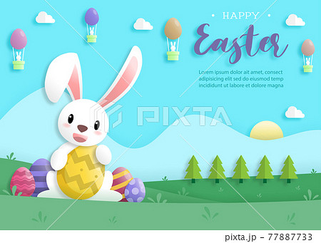 Happy easter day in paper art style with rabbit and easter eggs. greeting card, posters and wallpaper. Vector illustration. 77887733