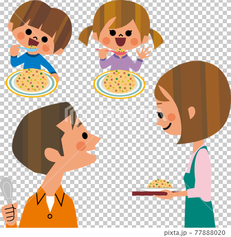炒飯を食べる家族 77888020