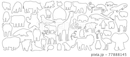 Big set of doodle cartoon isolated African American forest animals icons. Vector outline tiger lion rhinoceros buffalo zebra elephant giraffe crocodile tapir hippo bear orangutan penguin flamingo Big set of doodle cartoon isolated African American forest animals icons. Vector outline tiger lion rhinoceros buffalo zebra elephant giraffe crocodile tapir hippo bear orangutan penguin flamingo 77888145