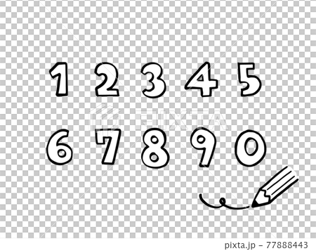 可愛的數字 1 到 0 輪廓字符（黑色）鉛筆/手寫字符插圖素材 77888443