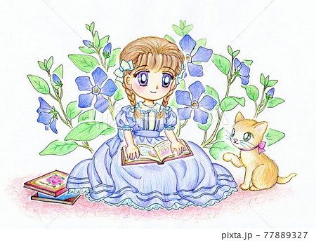青いワンピースの少女とペリウィンクルの花 愛猫と絵本 手描きのイラスト素材 7727
