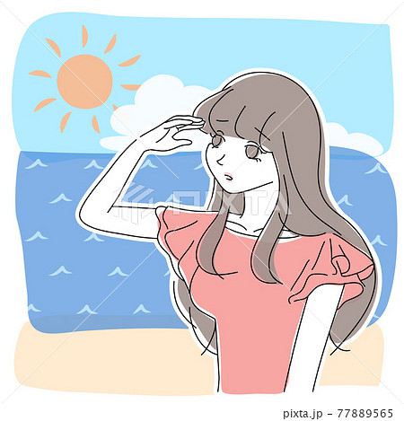 海で日差しに困っている女性のイラスト素材