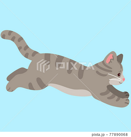 ジャンプするシンプルで可愛いサバトラ猫のイラスト 主線なしのイラスト素材