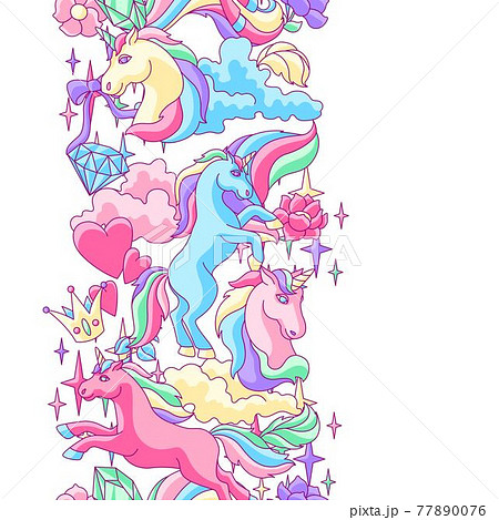 Seamless pattern with unicorns and fantasy items. Seamless pattern with unicorns and fantasy items. 77890076