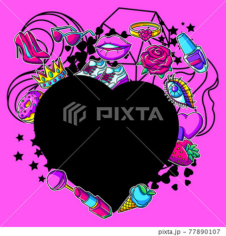 Background with fashion girlish patches. Colorful cute teenage illustration. 77890107