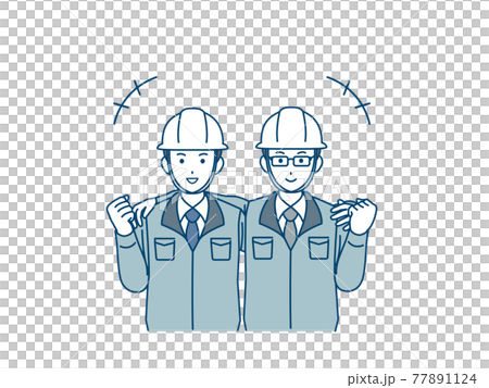 肩を組む　現場監督　建築士　製造業　ガッツポーズ　男性　同僚　イラスト素材 77891124