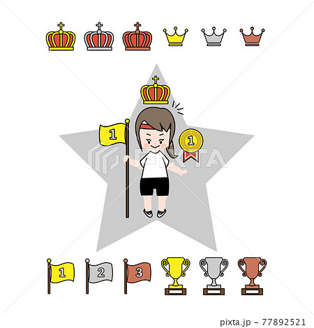 ランキングアイコンと優勝した女の子のセットのイラスト素材