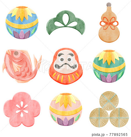 日本の縁起物手描き水彩風イラストのイラスト素材