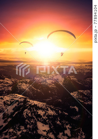 Adventure Composite Image of Paraglider Flying up high in the Rocky Mountains Adventure Composite Image of Paraglider Flying up high in the Rocky Mountains 77894104