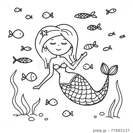 Vector little mermaid with fishes, coloring page. Vector little mermaid with fishes, coloring page. 77895237