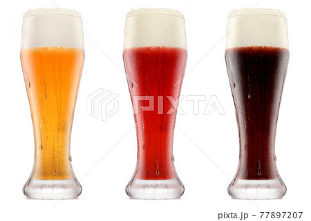 Set of glasses of fresh beer with bubble froth isolated on white background. 77897207