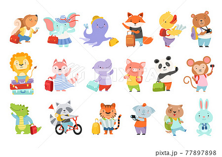 Set of Cute Adorable Animal Characters Traveling on Summer Vacation Cartoon Vector Illustration 77897898