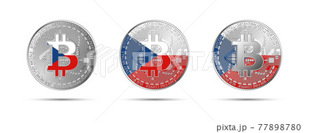 Three Bitcoin crypto coins with flag of Czech Republic. Czechia money of the future. Modern cryptocurrency vector illustration