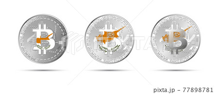 Three Bitcoin crypto coins with the flag of Cyprus. Money of the future. Modern cryptocurrency vector illustration 77898781