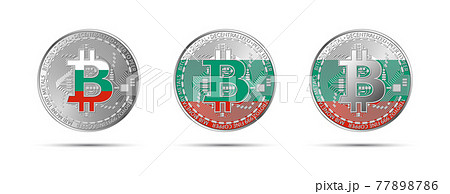 Three Bitcoin crypto coins with the flag of Bulgaria. Money of the future. Modern cryptocurrency vector illustration 77898786