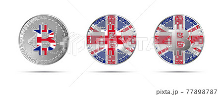 Three Bitcoin crypto coins with the flag of Great Britain. Money of the future. Modern cryptocurrency vector illustration 77898787