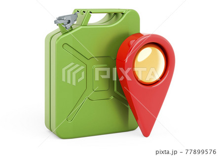 Gas station location concept. Map pointer with jerrycan, 3D rendering Gas station location concept. Map pointer with jerrycan, 3D rendering 77899576