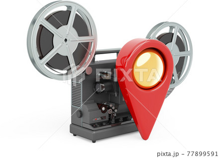 Movie theater location concept. Map pointer with film projector, 3D rendering Movie theater location concept. Map pointer with film projector, 3D rendering 77899591