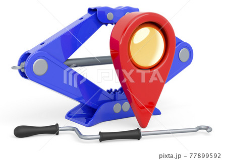 Map pointer with screwjack, car service location concept. 3D rendering 77899592