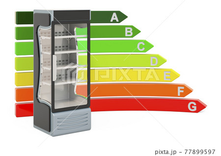 Glass Single Door Display Chiller for beverage with energy efficiency chart, 3D rendering Glass Single Door Display Chiller for beverage with energy efficiency chart, 3D rendering 77899597