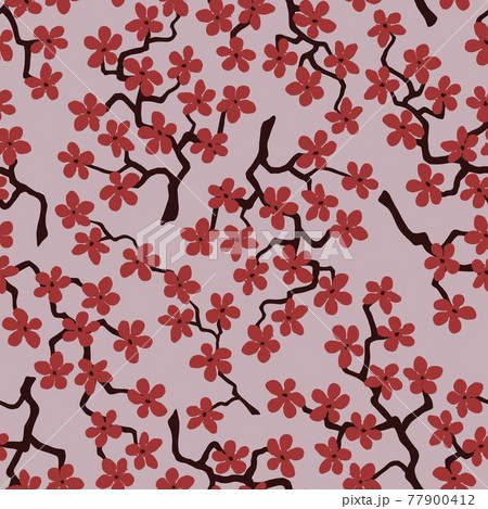Seamless pattern with blossoming Japanese cherry sakura.Terracotta flowers on rosy brown background 77900412