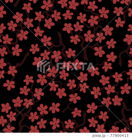 Seamless pattern with blossoming Japanese cherry sakura.Terracotta flowers on black background 77900413