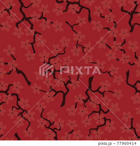 Seamless pattern with blossoming Japanese cherry sakura.Terracotta flowers on red background Seamless pattern with blossoming Japanese cherry sakura.Terracotta flowers on red background 77900414